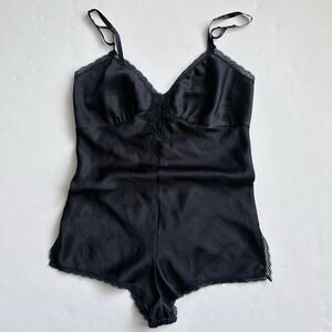 Vintage Deena Romper Black‎ Satin Lace Trim Women’s Size Small 80s